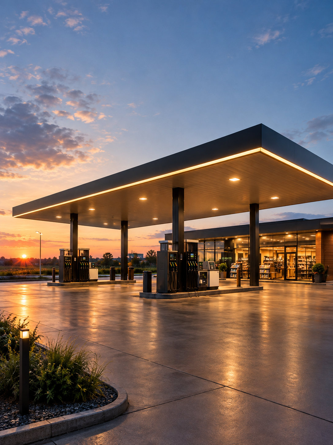 Modern petrol station at sunset with an illuminated canopy and fuel pumps