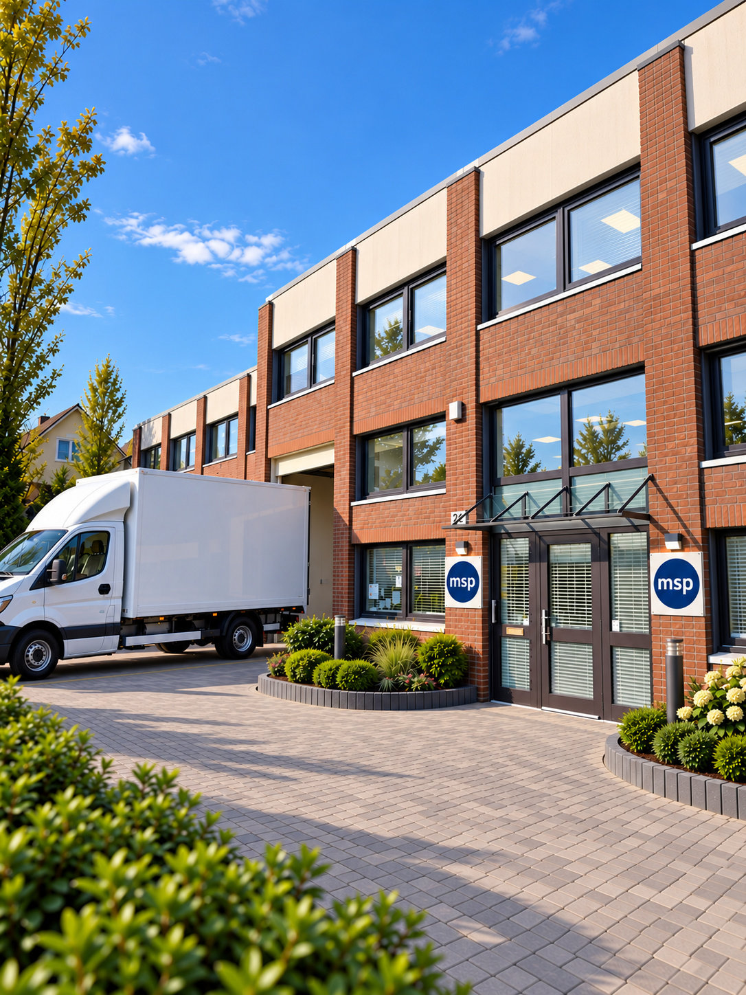 Building with msp signs and a delivery vehicle in the foreground